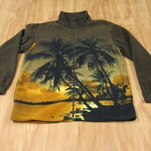 KOKOPELLI All Over Palm Print Zip-Up Fleece Jacket Sz M‎ Hawaiian Tropical Coat